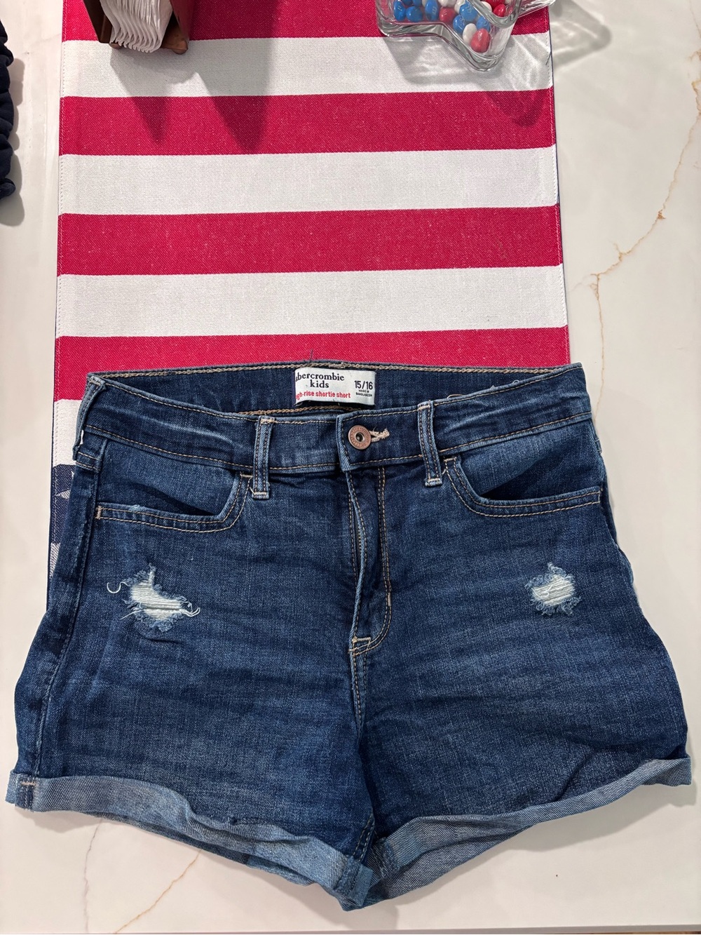 abercrombie kids Dark Blue Distressed Denim Rolled Hem Shorts